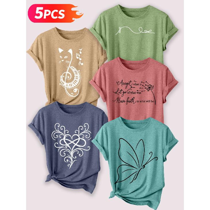 Follow a specific direction Five-piece set of women's short-sleeve tops Music-Inspired Retro Print Elegant Summer Party Outfits Elegant short sleeves