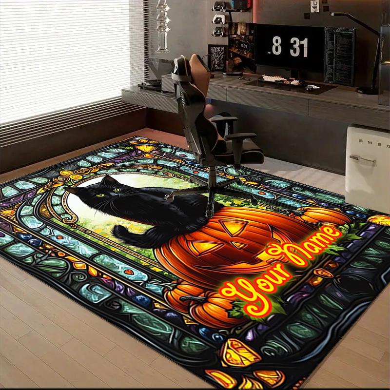 1PC Custom Name Halloween Black Cat Pumpkin Theme Floor Mat Ideal for Living Room, Game Rooms, Office, Bedroom, Floor Mat Playful Design