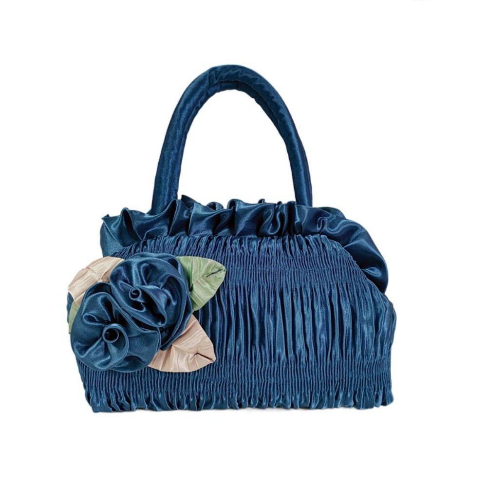 Leaf Hanfu Rose Flower Handbag Satin Silk Bubble Zipper Flower Tote Bag Cosmetic Makeup Bag Mommy Bag Ethnic Style Wrist Bag