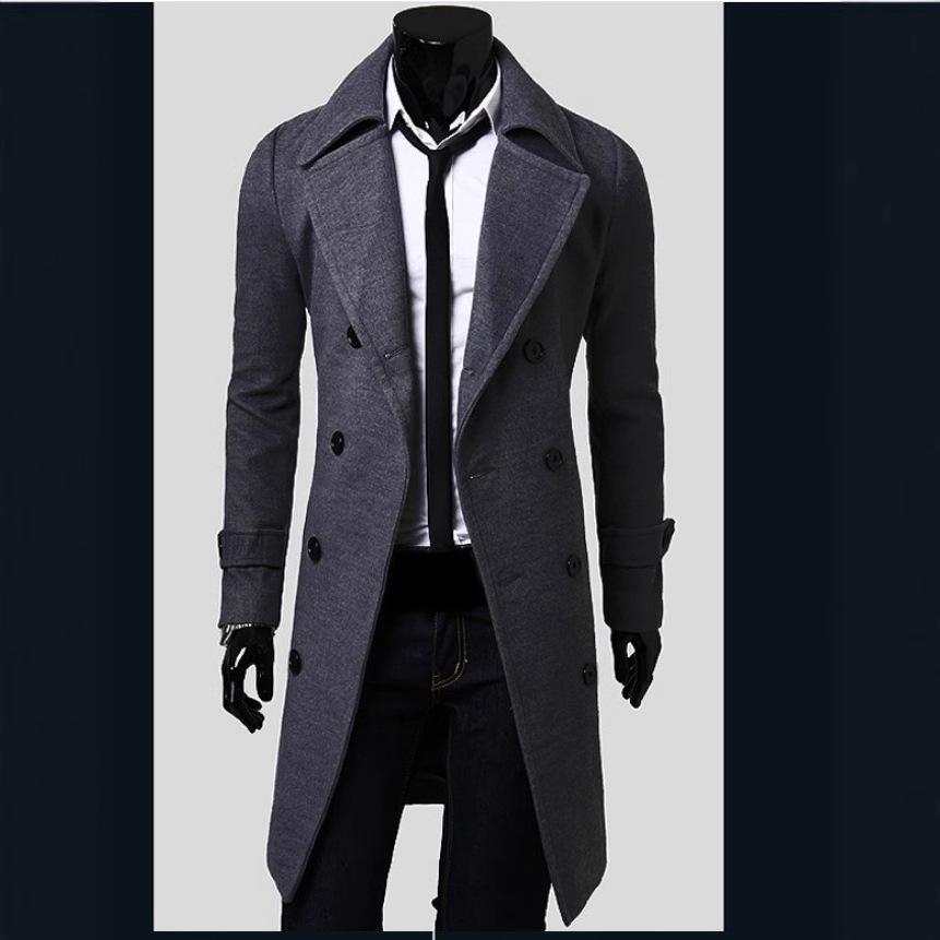 Men Simple Trench Coat Double-breasted Male Coat Coldproof Pure Color Jacket