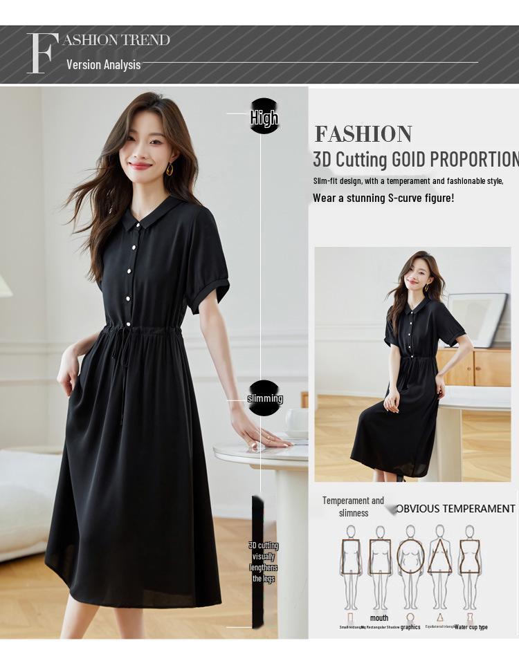 Hepburn-Style Black Chiffon Shirt Dress - Slimming Waist, Elegant Long Skirt for Women