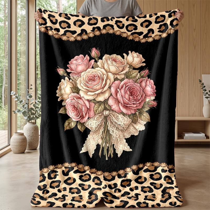Leopard and Floral Elegance 2 Theme Blanket Lightweight Warm Flannel Blanket Decorative Throw Blanket for Home Decoration