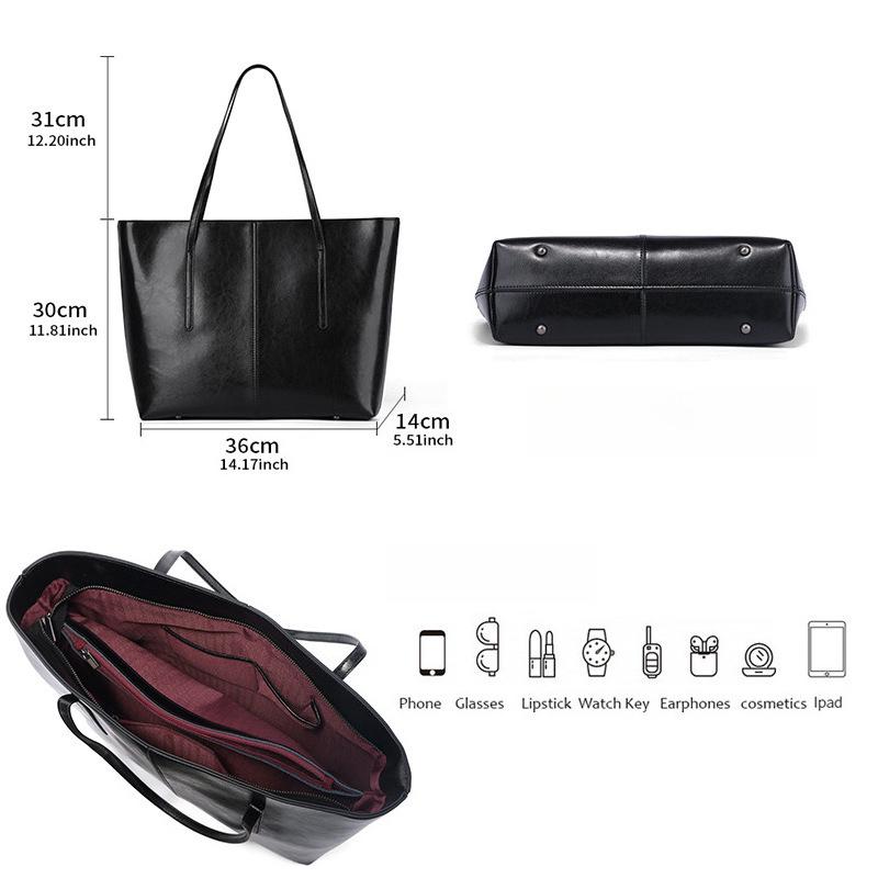 Borsa a Tote in Vera Pelle da Donna Grande Capacità Morbida Pelle di Mucca Borsa a Spalla Borsa da Lavoro Vintage da Pendolare con Chiusura a Zip