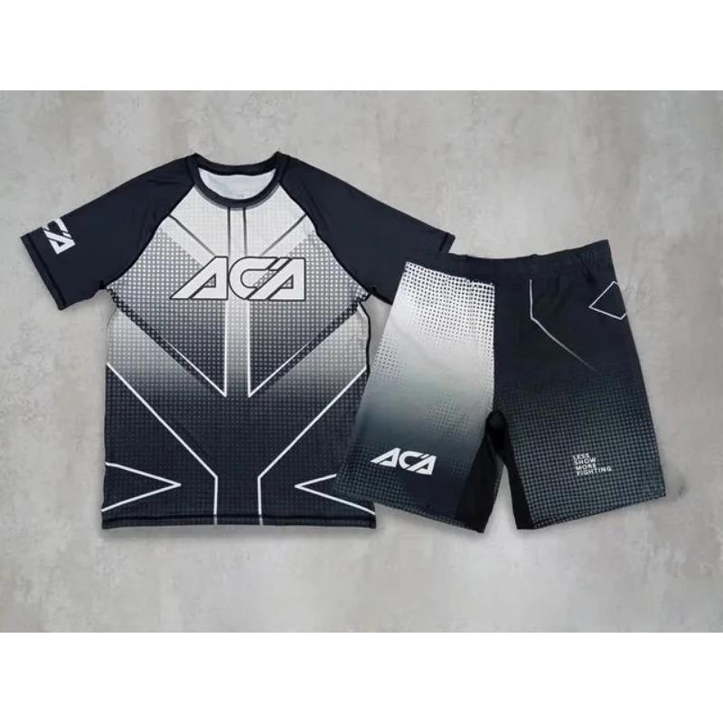 Completo Sportivo da Allenamento da Combattimento per Boxe e MMA da Uomo con Maglia a Maniche Corte Rash Guard Stampata in 3D e Pantaloncini da Combattimento