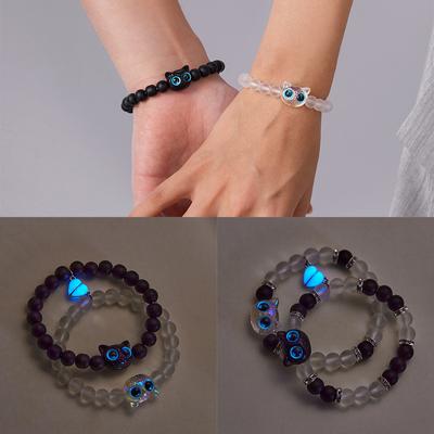 2 Stuks Lichtgevende Grote Ogen Magnetische Aantrekking Kat Armbanden Hanger Kralen Handketting Vriendschap Koppel Armband Sieraden Cadeaus