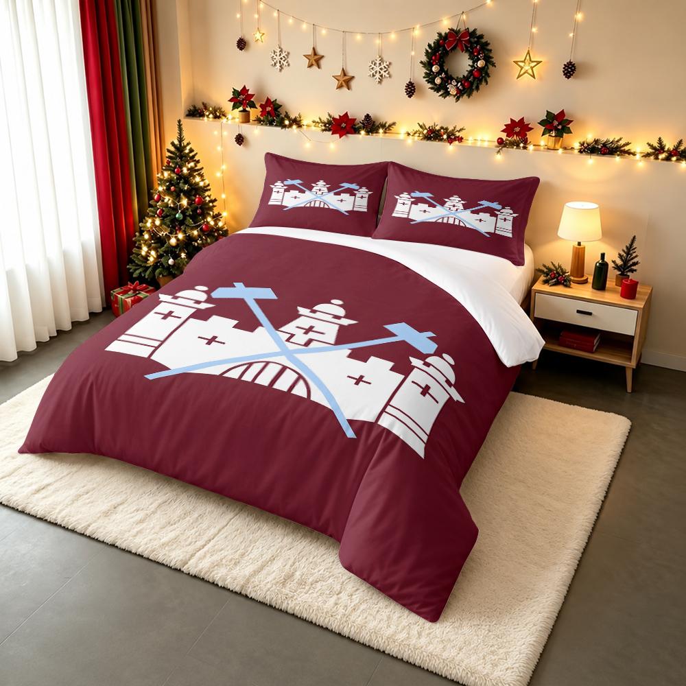 3 Piece Bedding Set West Ham Castle Crossed Hammers White Light Blue Minimal Crest Duvet Cover for Men Fan Gift