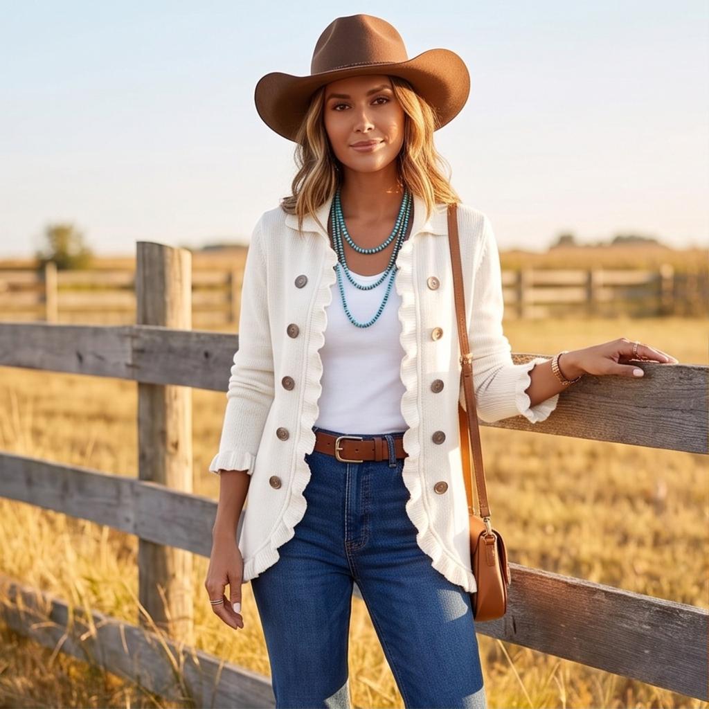 Women's Long Sleeve Ruffled Knit Cardigan Color Casual Top