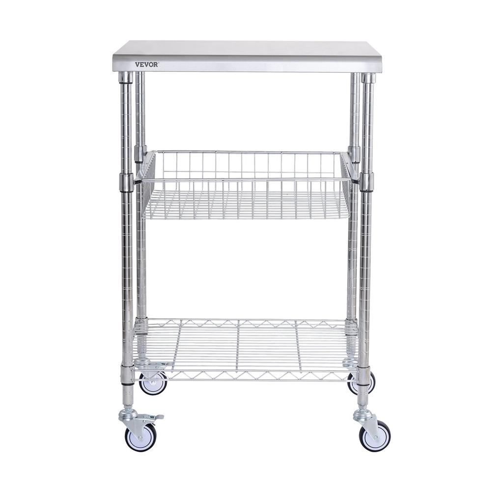 Kitchen Utility Cart, 3 Tiers, Wire Rolling Cart with 470LBS Capacity, Steel Service Cart On Wheels, Metal Storage Trolley with 76mm Basket Curved
