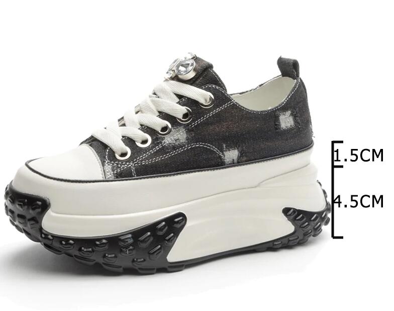 GKTINOO Denim Genuine Leather Platform Wedge Shoes Casual Comfy Sneakers Height Increasing Rhinestone Spring Bling Autumn Shoes