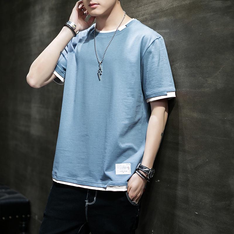 Men's Short-Sleeve Two-Piece Look Cotton T-Shirt, Loose & Breathable Hong Kong Style, Comfortable Spring/Summer Casual Innerwear Trend