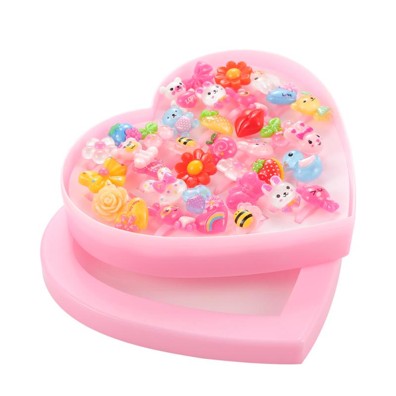 Kids Assorted Cute Resin Acrylic Cartoon Rings Toy with Plastic Storage Box Party Favors Girls Gift