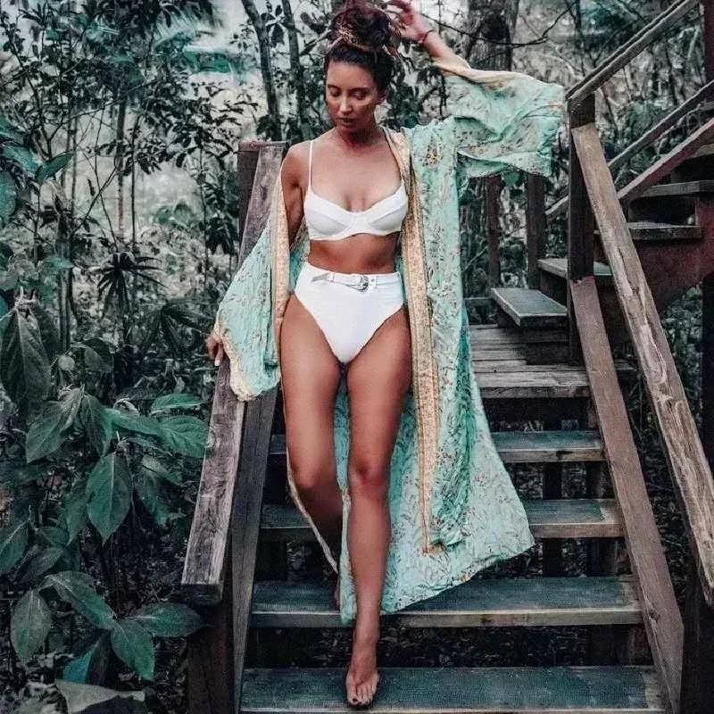 Moda Donna Stampa Floreale Verde Manica a Pipistrello Rayon Spiaggia Boemo Kimono Scollo a V Da Donna Robe Boho