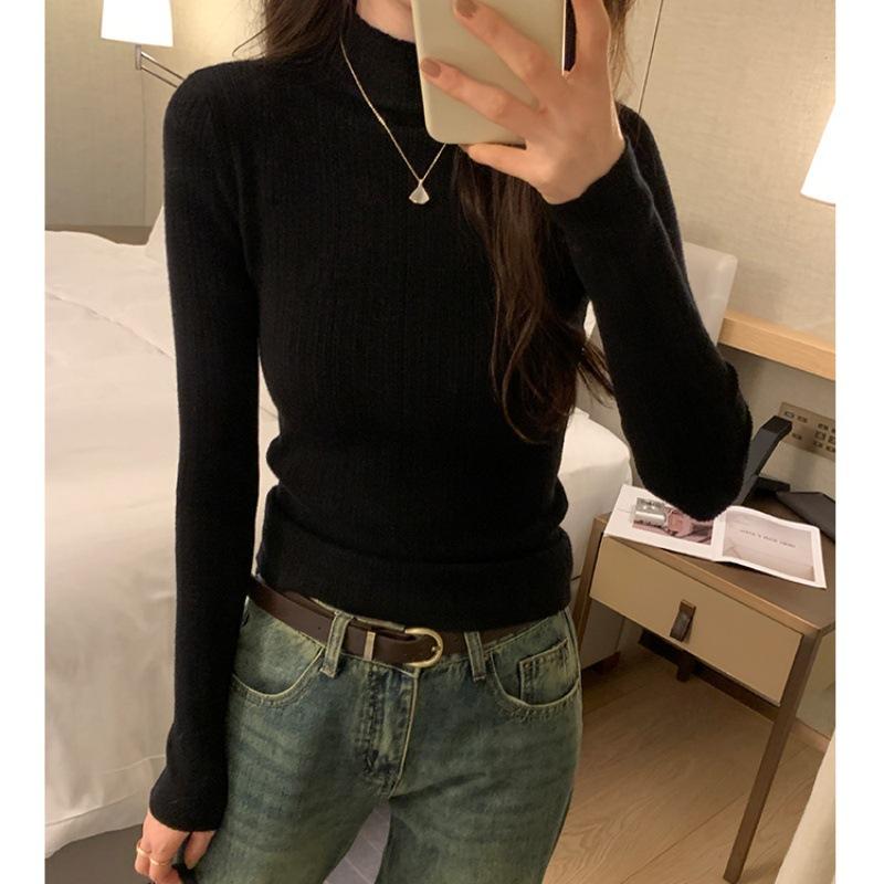Thin knitted sweater women's inner spring semi-turtleneck temperament texture top slim-fitting sweet and spicy bottoming shirt
