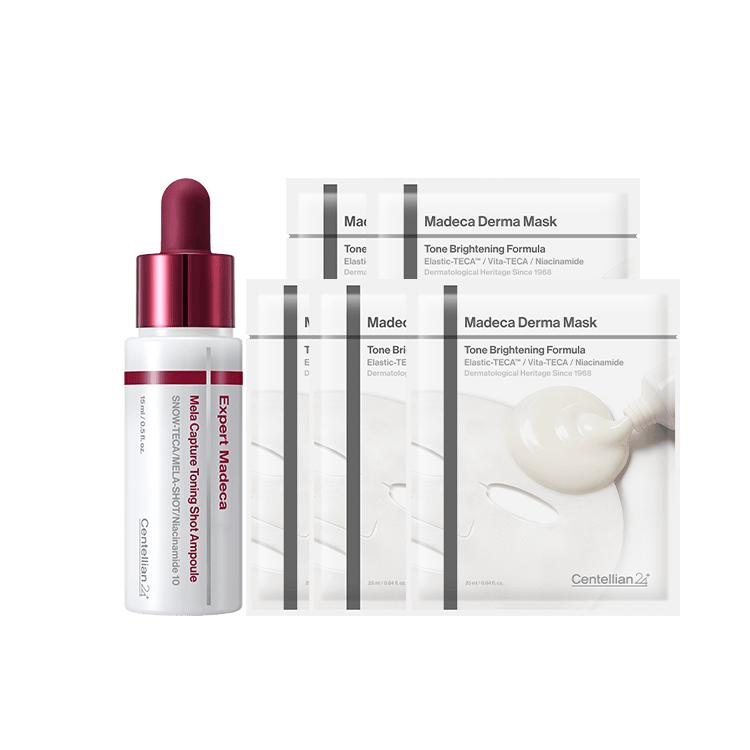 

NEW Dark Spot Removal Trial Kit (Expert Madeca Melacapture Toning Shot Ampoule 15ml + Derma Mask Tone Brightening Formula 25ml 5 Sheets)