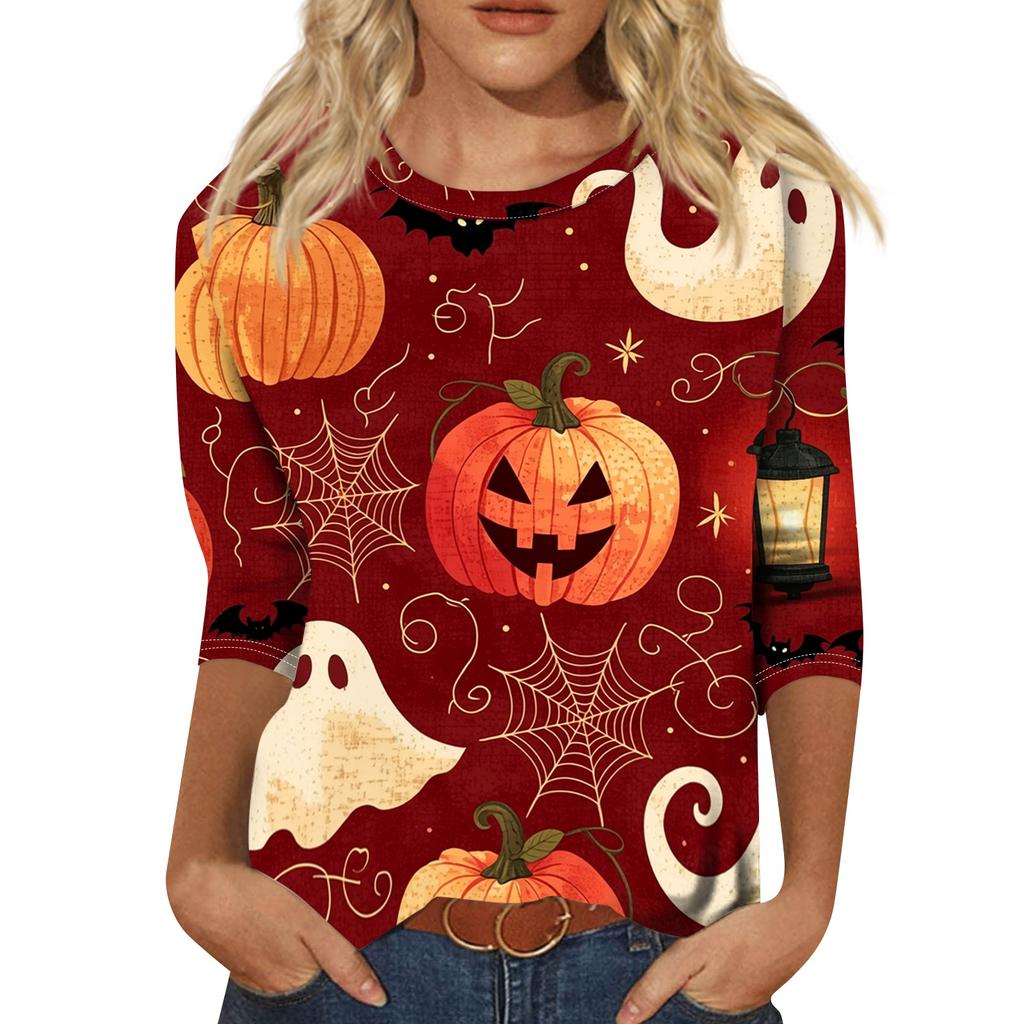 Women Halloween Print Casual Crew Neck Three Quarter Sleeve Loose Fit T Shirt Top for Autumn and Everyday Wear