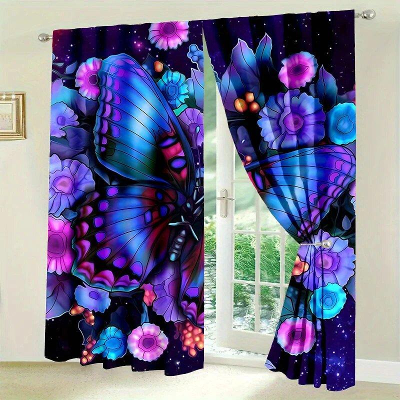 

Butterfly and floral printed curtains, pole bag curtains 42*84, bedroom living room, home decoration, room decoration 29Wx64L(75x166CM)x2