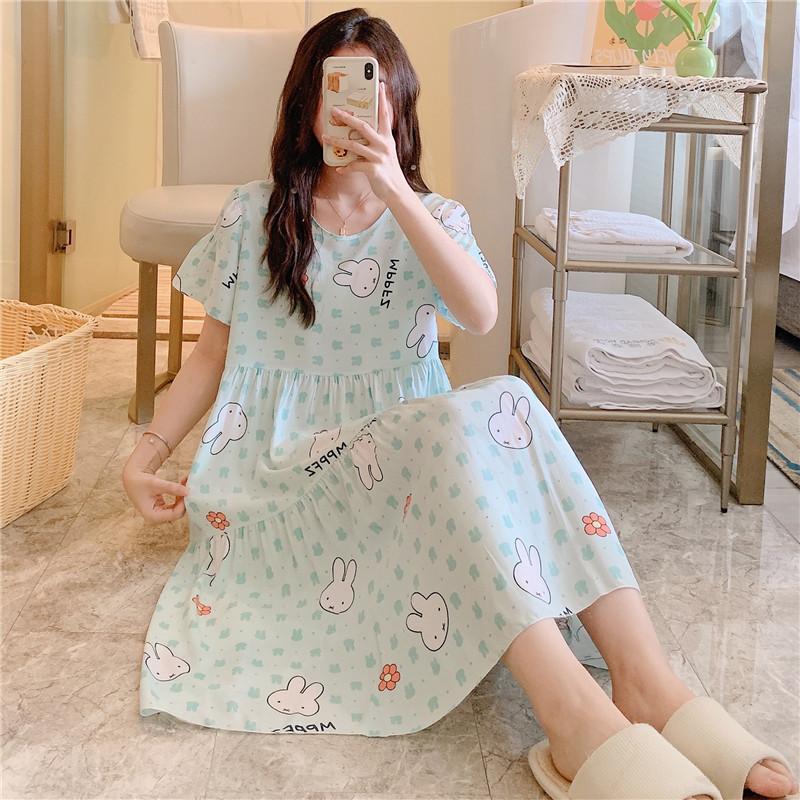 Cotton and Silk Nightgown Women's Summer Short-sleeved Large-size High-end Printed Maternity Pajamas Can Be Worn Outside Long Loungewear