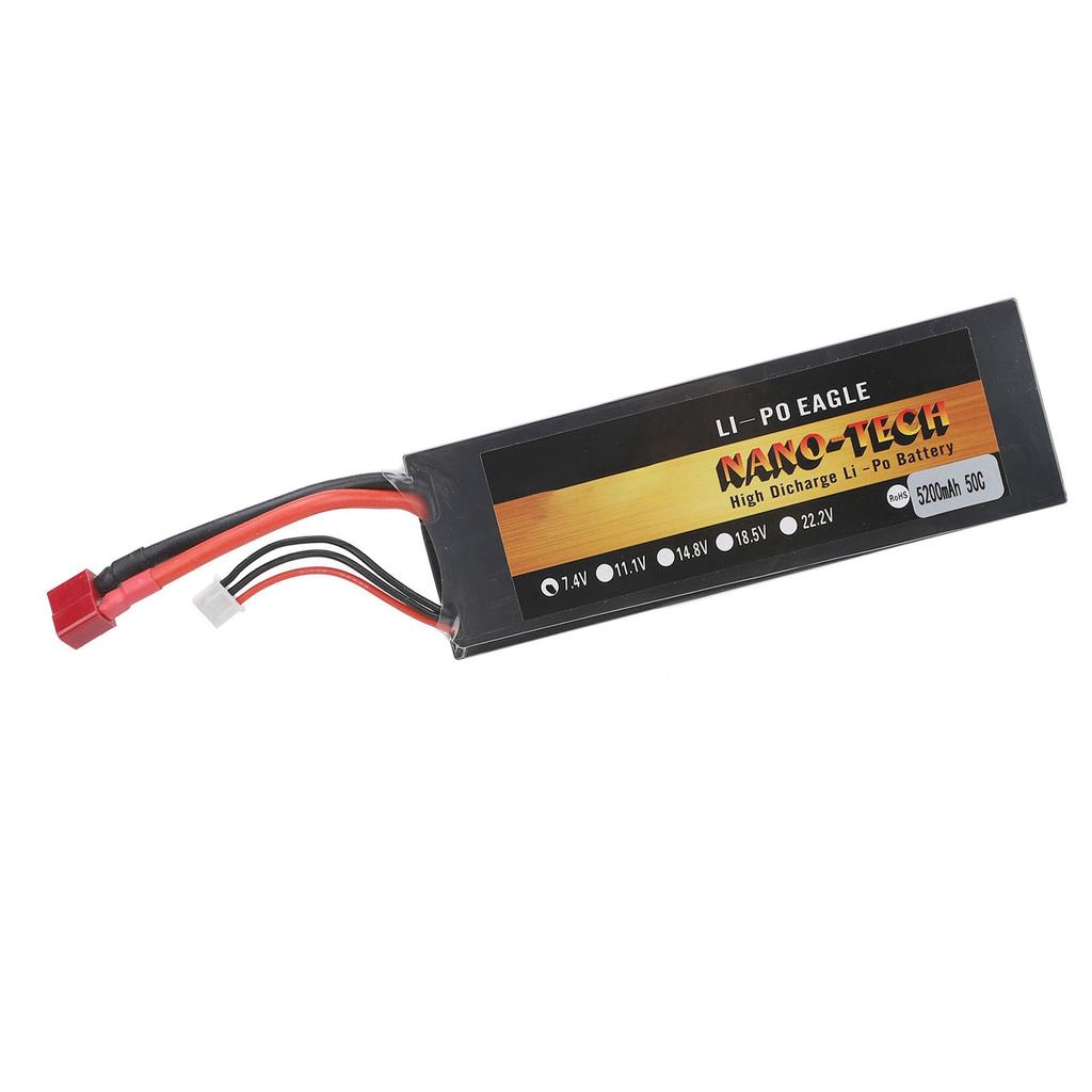 7.4V  Battery 5200mAh 2S 50C Hard Case Lithium Polymer Battery with T Plug for 1/8 1/10 RC Cars