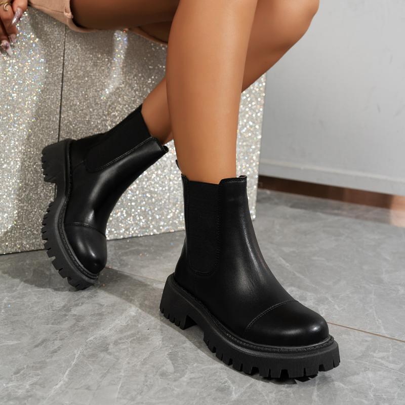 Casual Solid Black Pu Chelsea Boots Women 2025 Winter Round Toe Thick Bottom Low Heel Ankle Boots Motorcycle Shoes Women