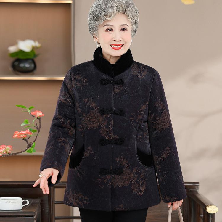 The Elderly Grandmother Winter Padded Jacket Old Lady Tang Padded Jacket Velvet Warm Thickened Padded Jacket