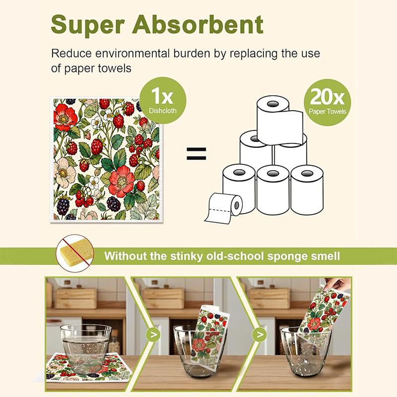6PCS Cleaning Dishcloths Reusable Kitchen Dish Towels Vintage Floral Berry Print Dishcloth Absorbent Lint Free Cloth Washable Duster Rags Tea Towels