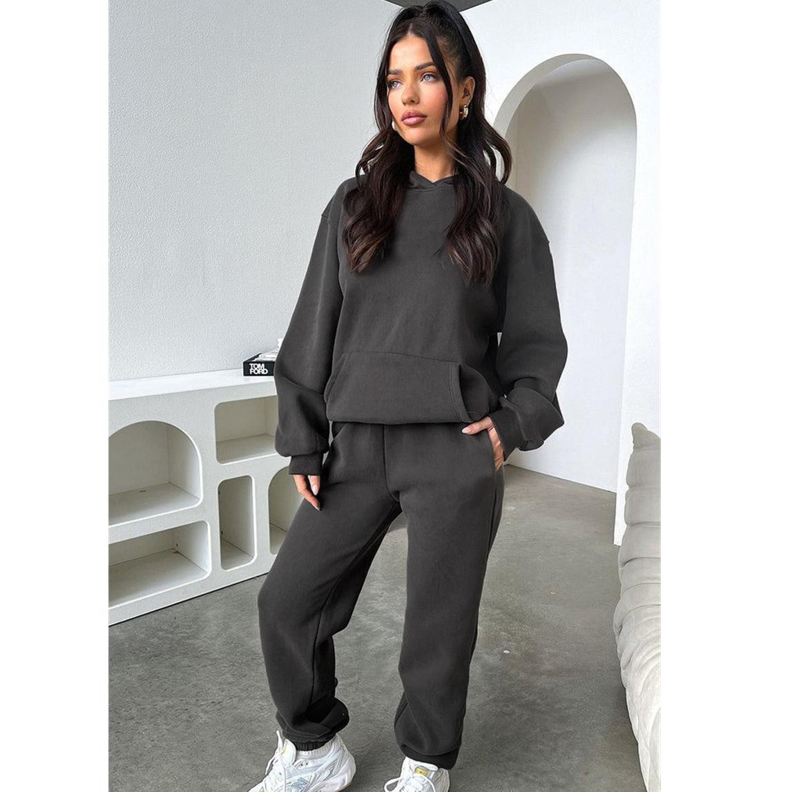 

Женский однотонный комплект осенне-зимнего флисового свитшота с длинными рукавами и капюшоном, модный повседневный толстовка, брючный костюм XL темно-серого