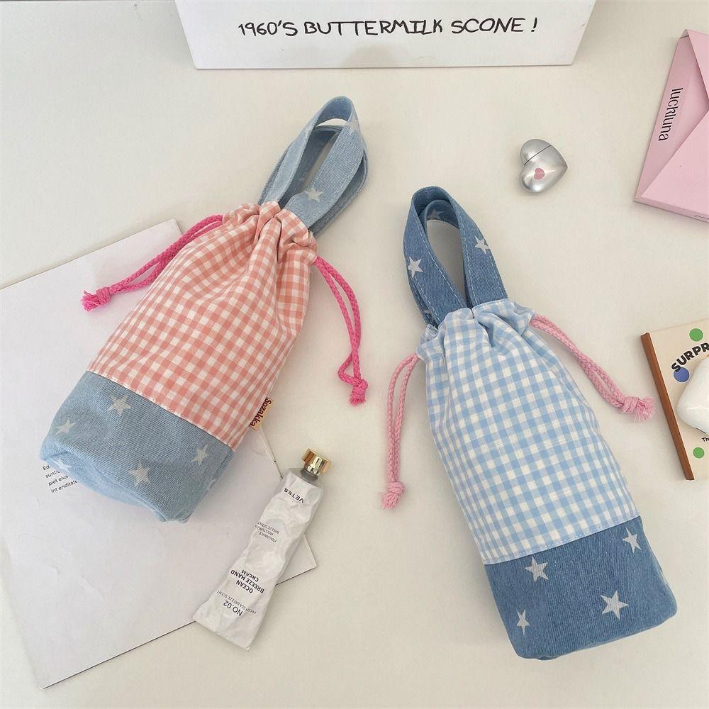 Outdoor Drawstring Canvas Cup Bag Grid Small Storage Bag Fashionable Water Bottle Cover  Outdoor