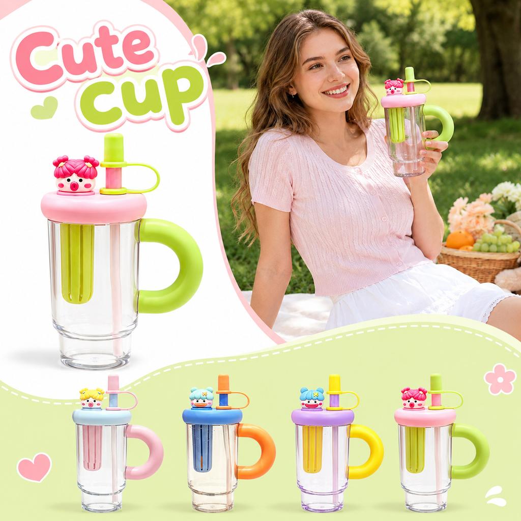 Double Layer Straw Cup with Cartoon Lid Handle Heat Resistant Leak Proof Reusable Water Bottle Cute Doll Handle Insulated Tumbler