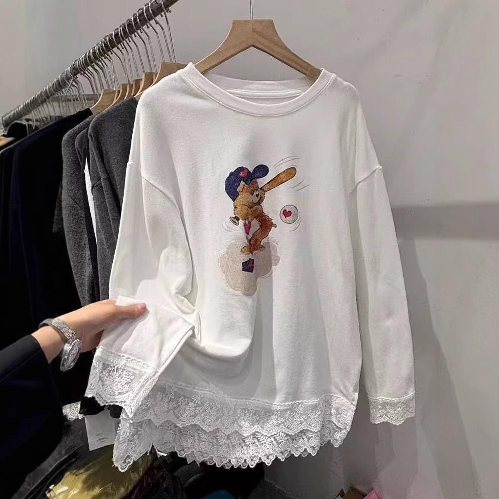 

Women s 2024 Winter Korean-Style Lace Trim Mid-Length Sweatshirt, Loose Fit, Thickened Round Collar Base Layer XL белый