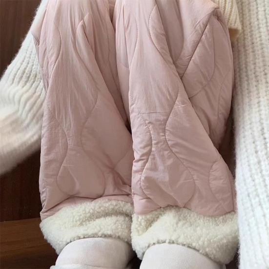 Women Cotton Pants Elastic High Waist Solid Color Wide Leg Causal Trousers with Pockets Thickened Plush Lining Winter Pants