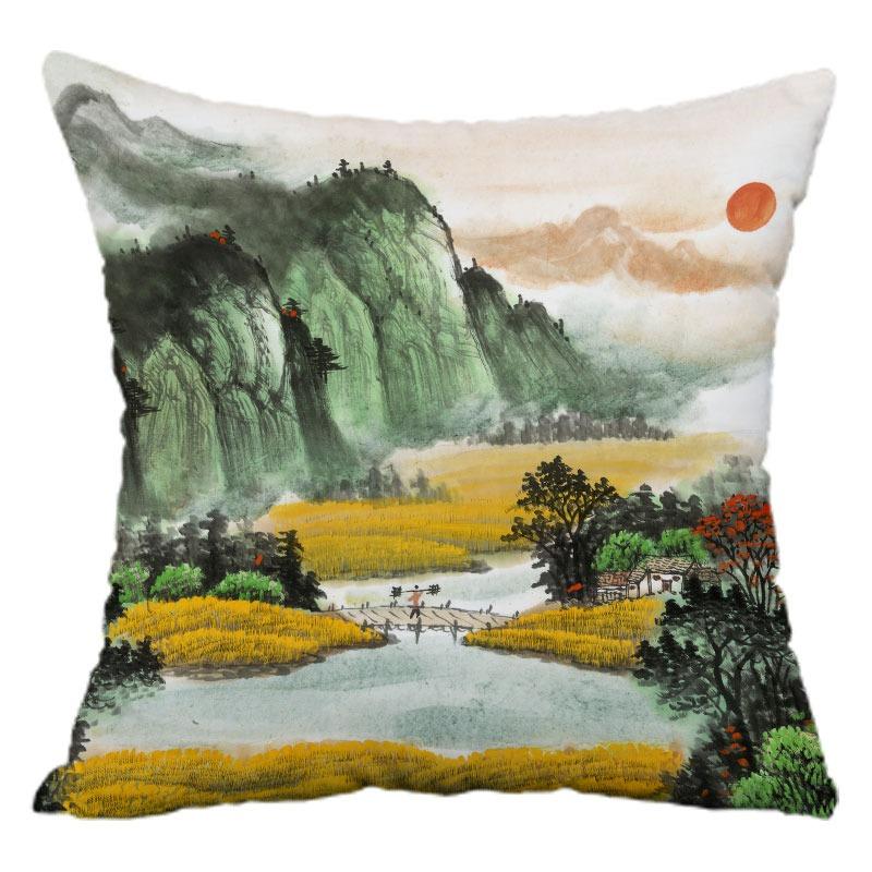 Chinese Style Landscape Painting Pillowcase Dormitory Decoration Office Living Room Sofa Home Pillowcase