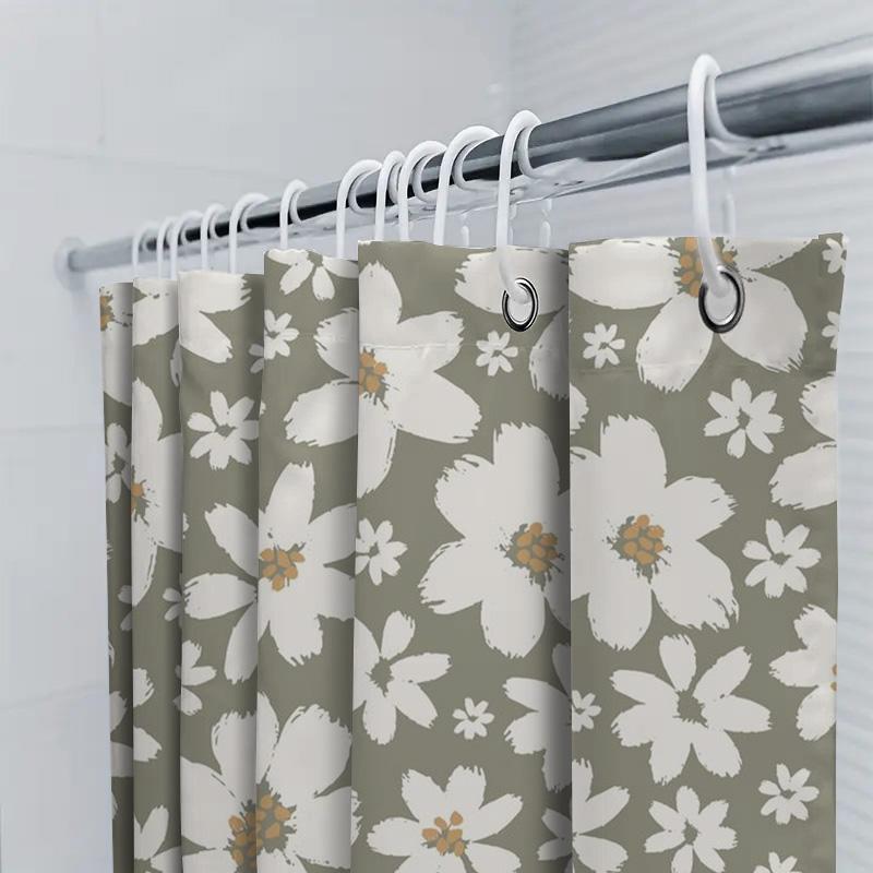 Vintage Floral Shower Curtain Modern Decor With White Olive Green Flowers Polyester Fabric For Home Bathroom