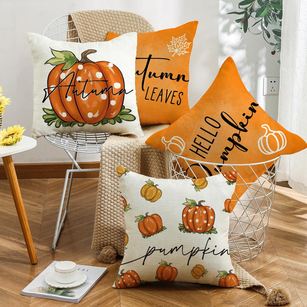 New Thanksgiving Pillow Cover Autumn Pumpkin Maple Leaf Orange Linen Pillow Home Sofa Pillow