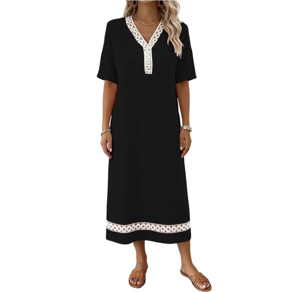Women's Elegant Lace Trim Short Sleeve Midi Dress V Neckline Lightweight Summer Casual Dress for Daily Wear