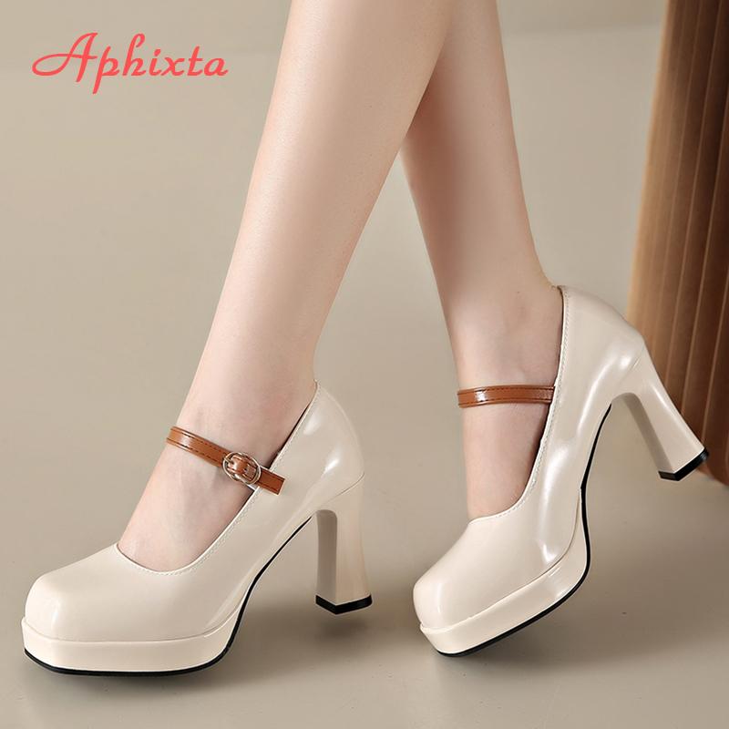 Fashion Aphixta Patent Leather 8cm Square Heels Mary Janes Buckle Straps Platform Women Shoes Elegant Pumps Size 44 tacones para mujer