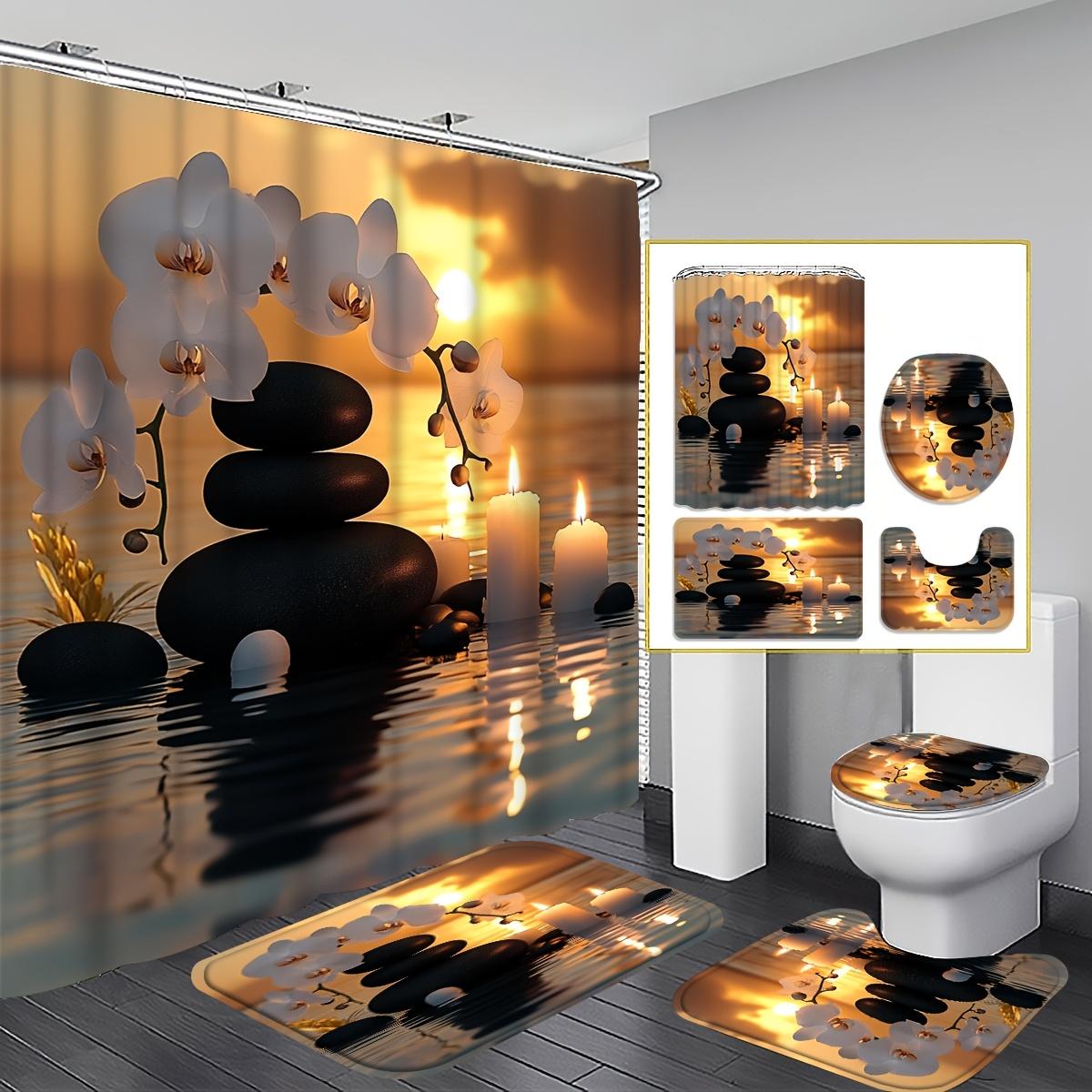 

1/4pcs Zen Garden Shower Curtain Set White Orchid and Candles Pattern Waterproof Bath Curtain with 12 Hooks Non Slip Rug U Shaped Mat Toilet Decor 4PCS-Full Set.(curtain180*180)