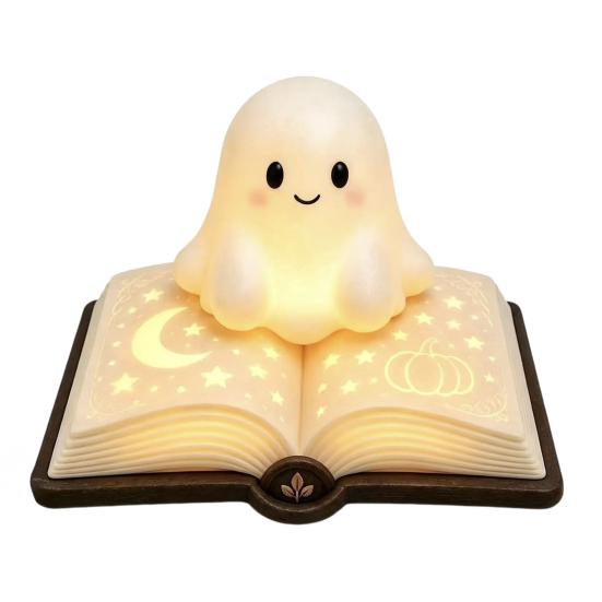 Soft Warm Yellow Light Magic Book Ghost Night Light, Resin Tabletop Glow Lamp with Moon Safe Bedside for Kids Star Relief, Cute Sleeping Bedroom,