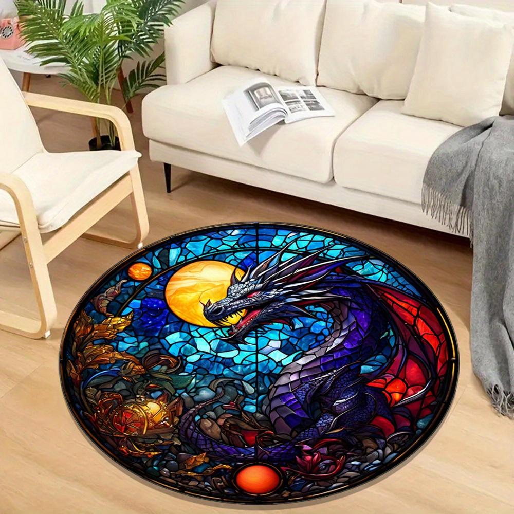 Vibrant Stained Glass Dragon Round Rug – Anti-Slip, Durable Polyester Carpet with Cosmic Design, Rich Blues, Purples, Reds & Ora