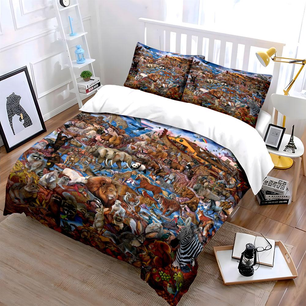 3Pcs Noah's Ark Animal Bedding Set, Colorful Jungle Animals on the Ark Print Duvet Cover + 2 Pillowcases, Kids' Biblical Decor