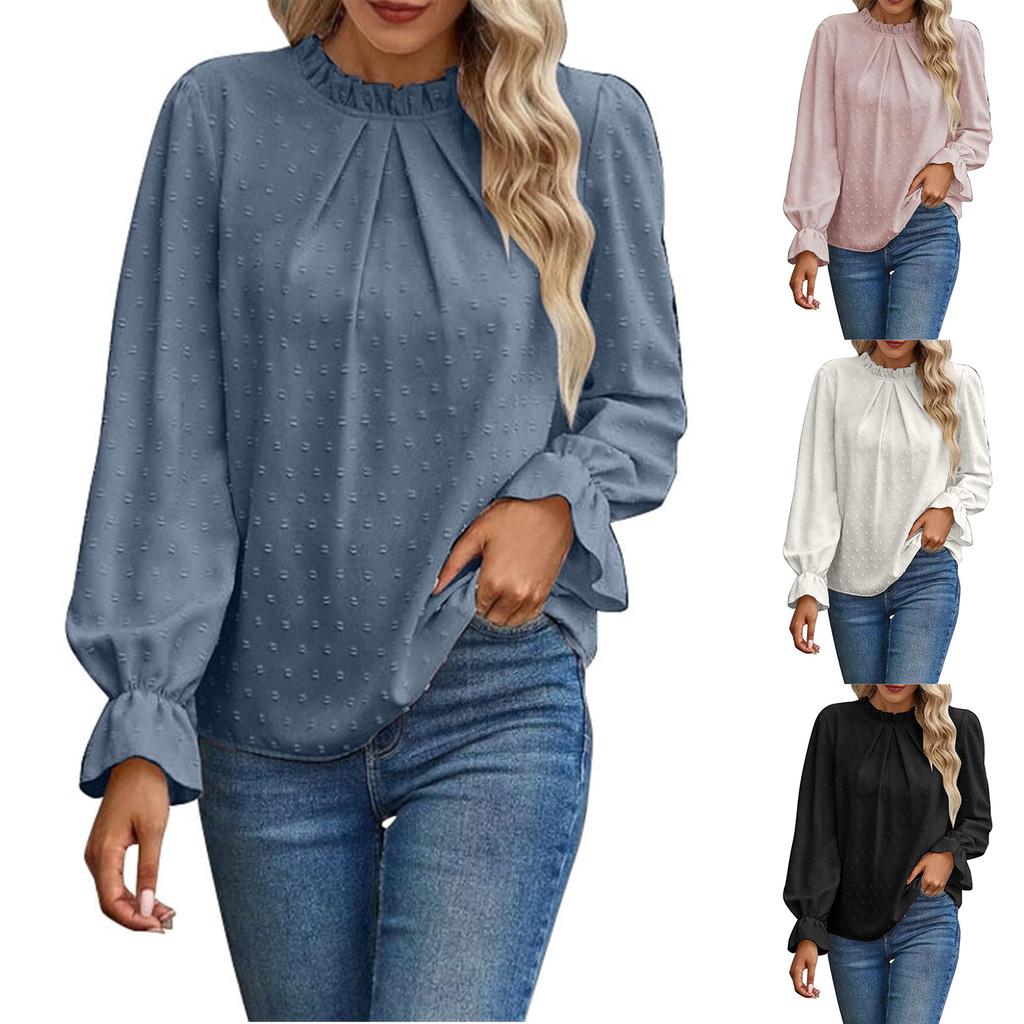 Women's Fashion Casual Dot Pleated Round Neck Ruffled Long Sleeve Solid Color Top