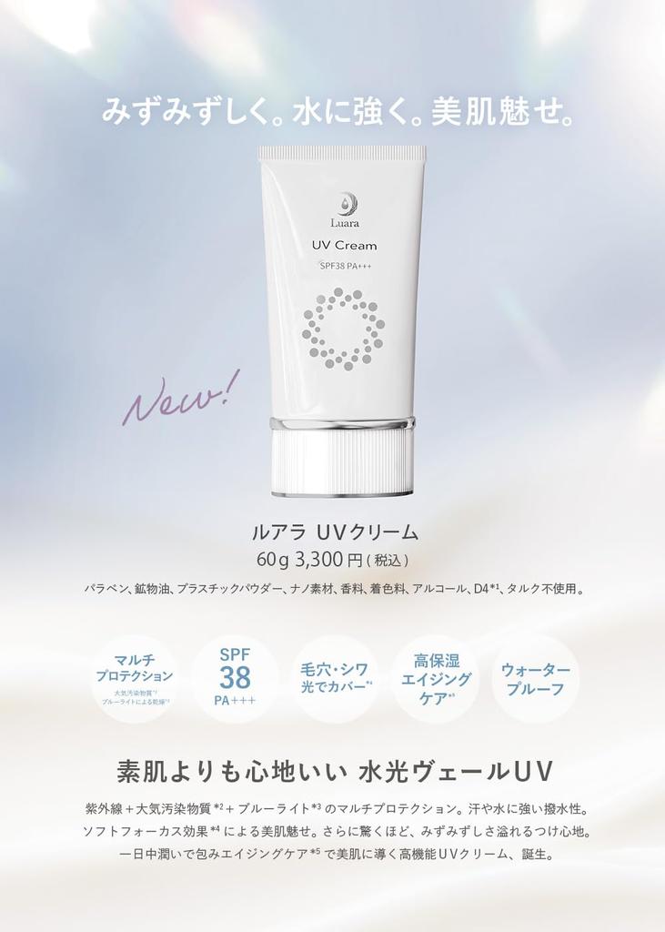 LUARA UV Cream SPF38/PA+++ 60g, Sunscreen, Waterproof, Skincare for Face and Body, Pore Concealer, Fragrance-Free, for Sensitive and Dry Skin