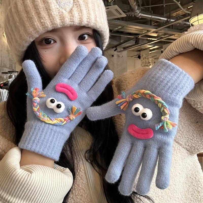 Cute Funny Ugly Cute Gloves Winter Female Velvet Warm Windproof Cold Student Riding Touch Screen Five Fingers