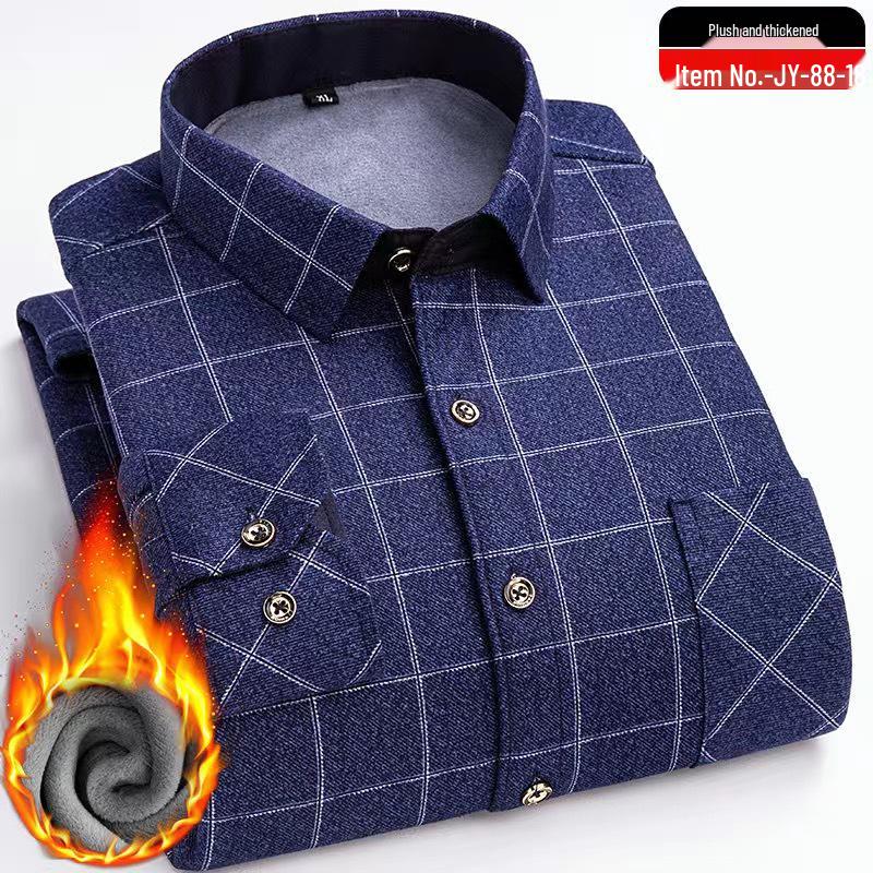 Men's Winter Fleece-Lined Plaid Shirt - Warm, Long-Sleeved Business Casual for Middle-Aged & Elderly, Plus Size Available