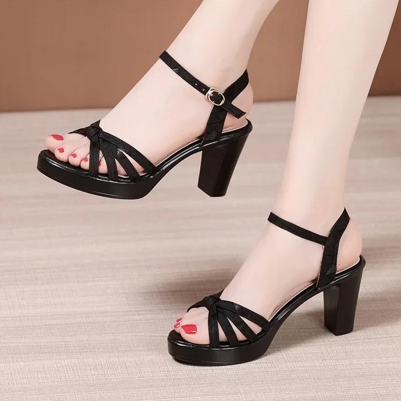 8cm 10cm Big Small Size 32-43 Elegant Thick Block High Heels Sandals Summer 2025 Womens Soft Leather Platform Shoes Office Model