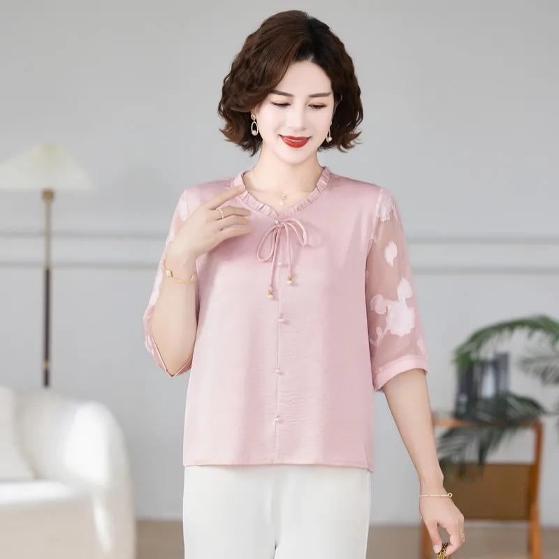 Women Chinese Style Tie V Neck Half Sleeve Chiffon Blouse