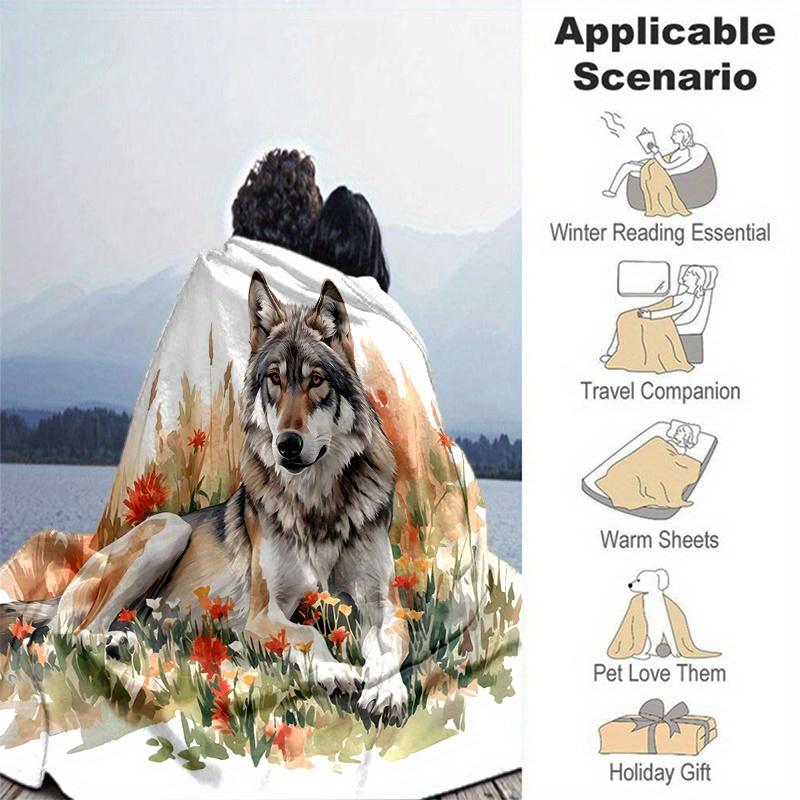 1pc Wild Wolf Amidst Autumnal Wildflowers Blanket  Cartoon Throw for Home Decor, Gift Idea, Room Decoration, Living Room, Travel, Camping