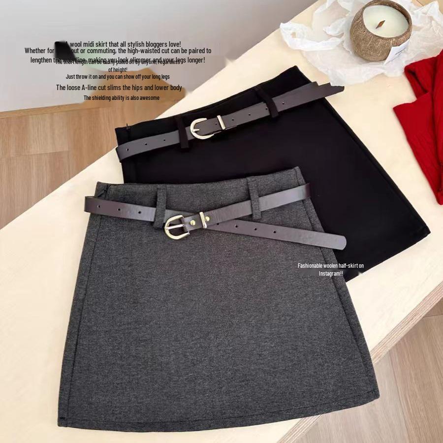 Gray Wool Blend High-Waist A-Line Skirt: Women's Autumn/Winter Slimming, Versatile, Anti-Exposure Design
