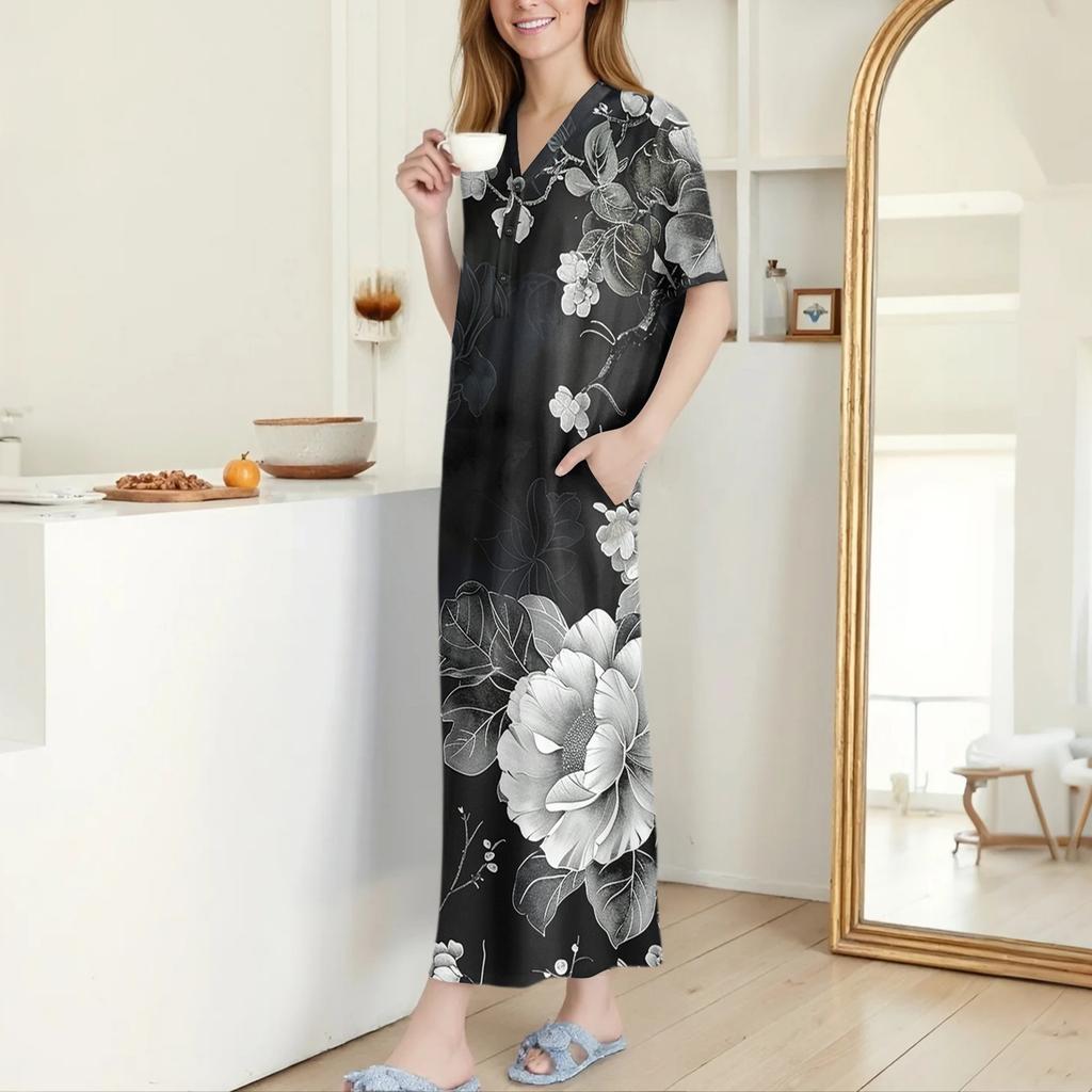 Women's Fashion Printed Nightgown Home Clothes Short Sleeve Nightgown With Pockets Long Dress