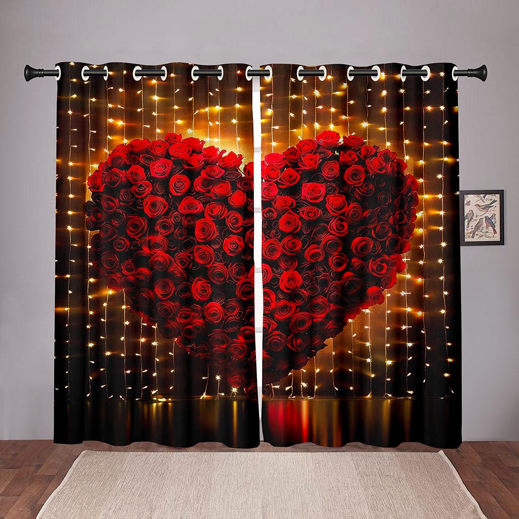 2-delt rose kjærlighet hjerte gardin valentinsdag tema rød romantisk blomster gull stjernelys stue soverom vindusdekor