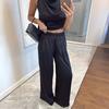 Women 2 Piece Satin Outfits Halter Neck Sleeveless Top And Wide Leg Pants Set Casual Vocation Lounge Set